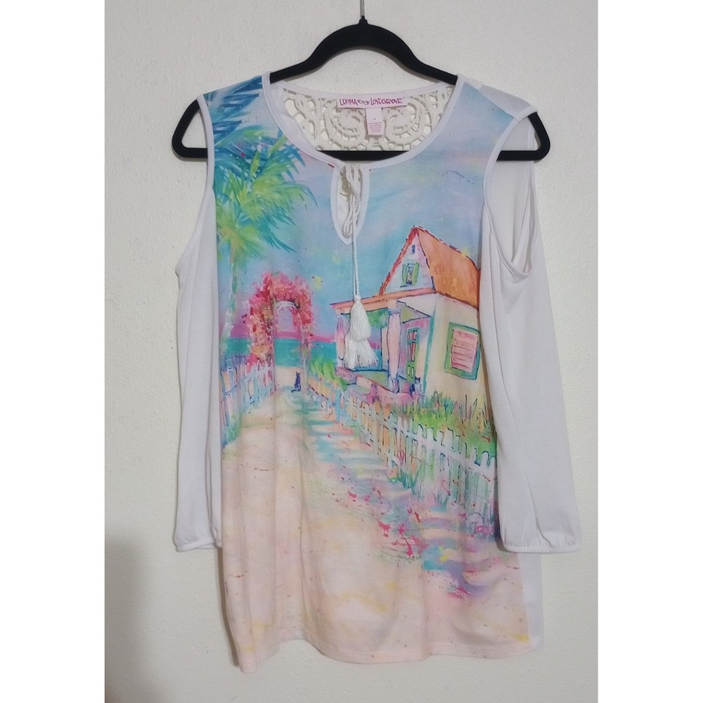 Leoma Lovegrove White Cold Shoulder Tropical Beach Lace Back Top Size M